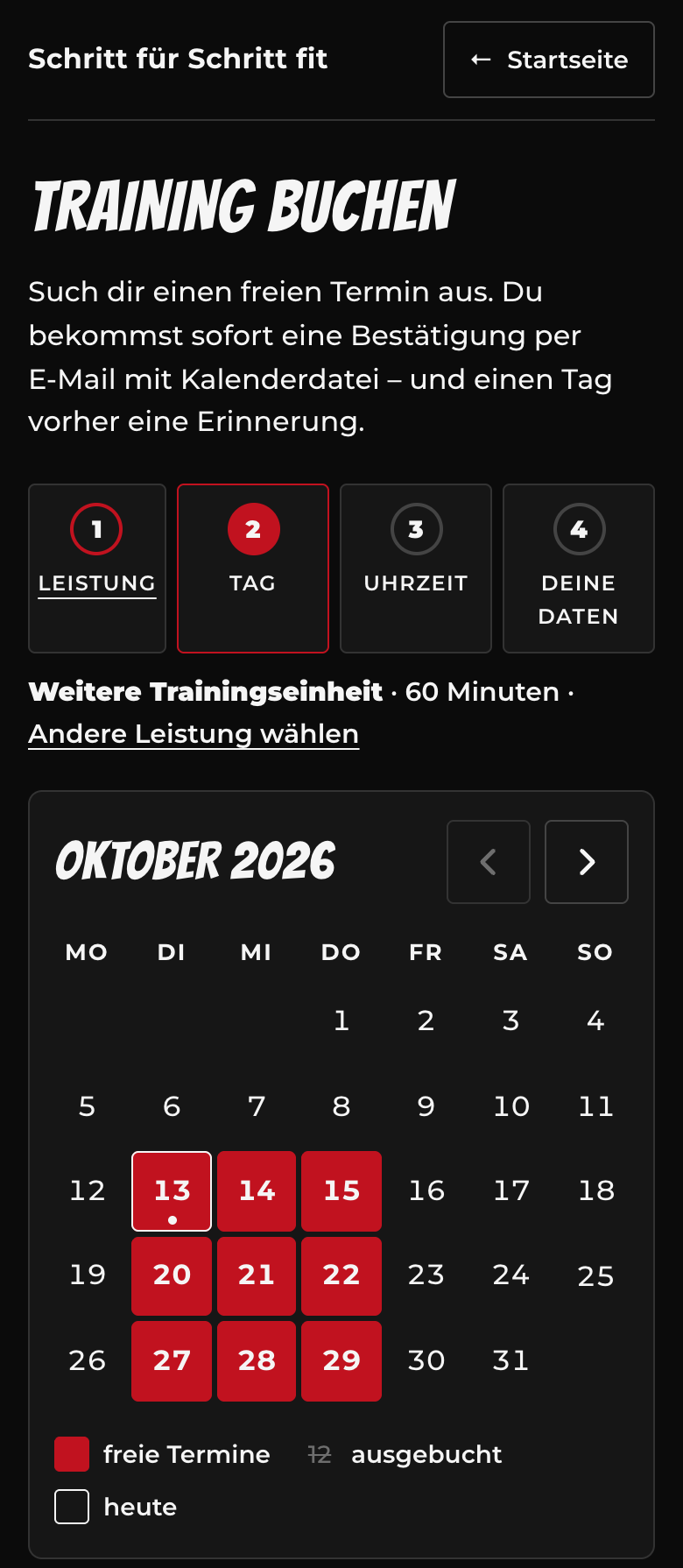 Die Buchungsseite am Handy: Monatskalender, freie Tage sind farbig markiert